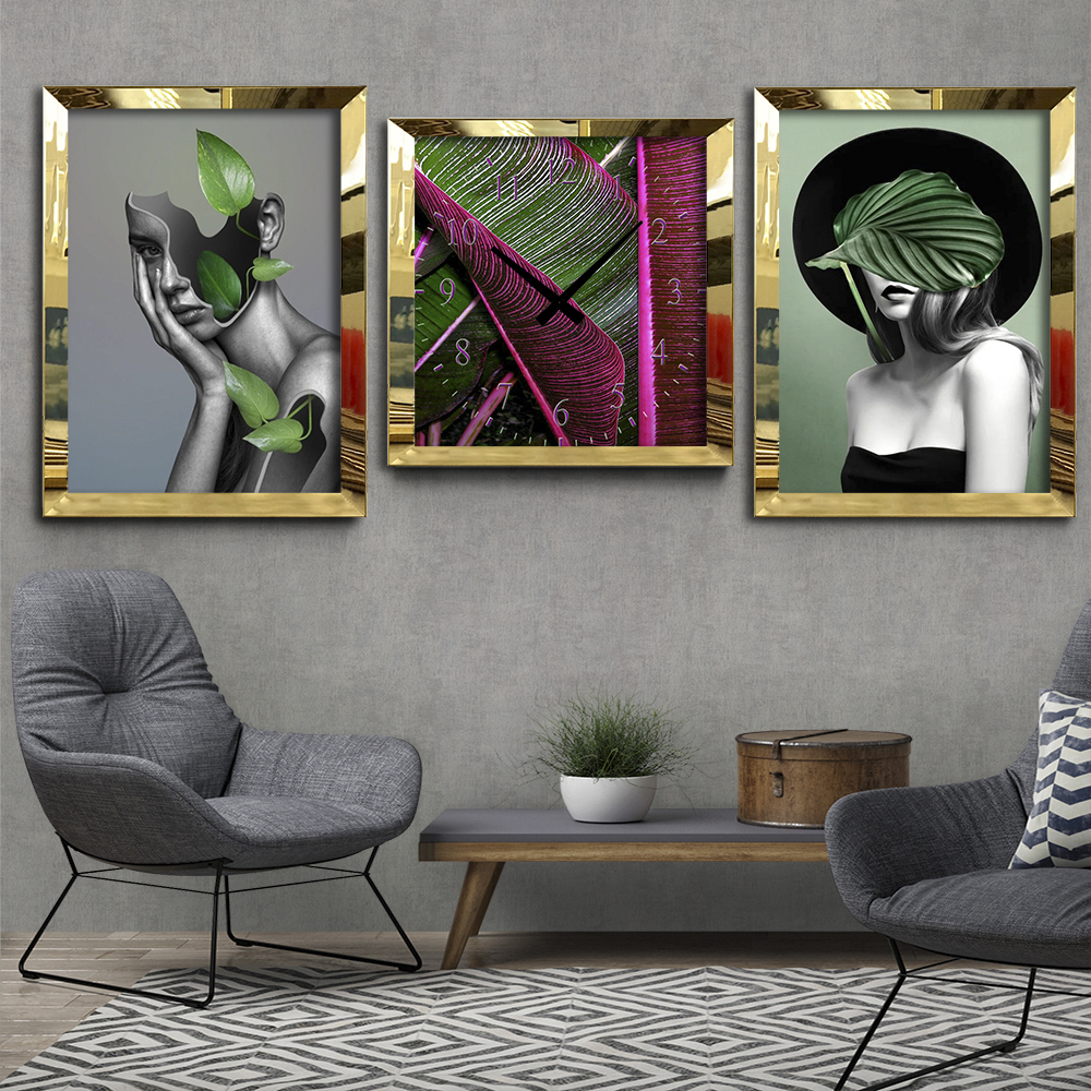 Monstera - Yapraklar - Modern Tasarım - Gold Ayna Pleksi Çerçeveli Tablo Saat Se