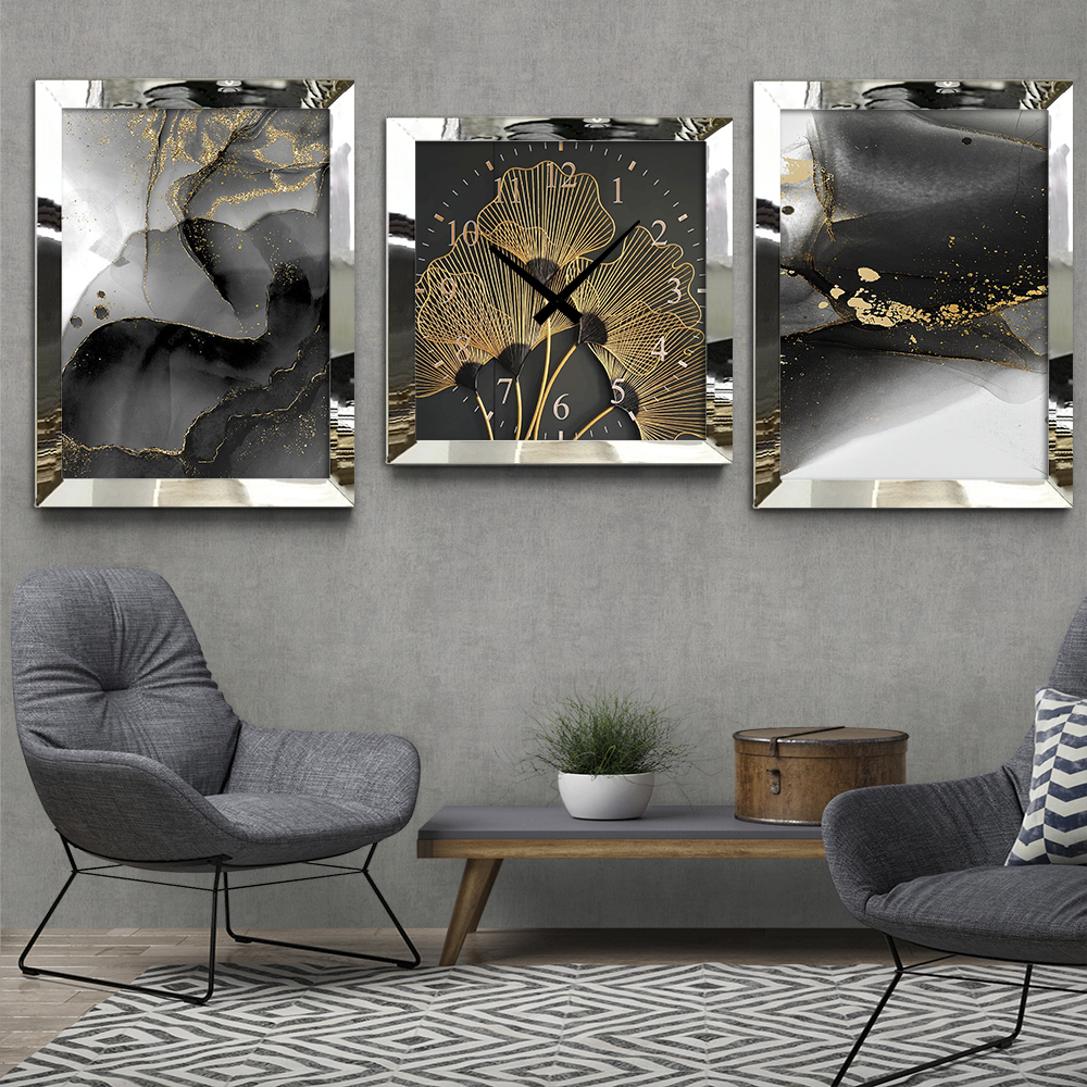 Abstract Gold Sıçratma Detaylı Soyut Tasarım Gümüş Ayna Pleksi Çerçeveli Tablo S