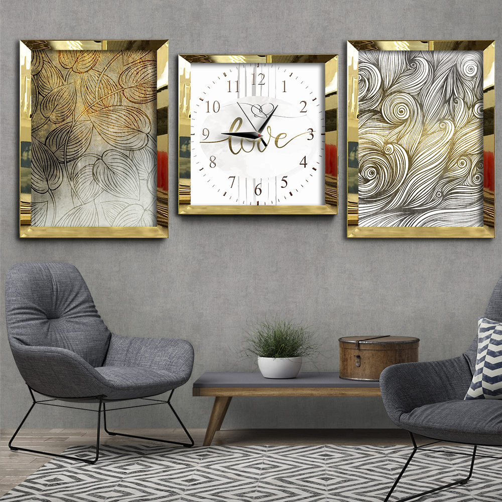 Beyaz-Gold Soyut Çiçekler Temalı Gold Ayna Pleksi Çerçeveli Tablo Saat Seti
