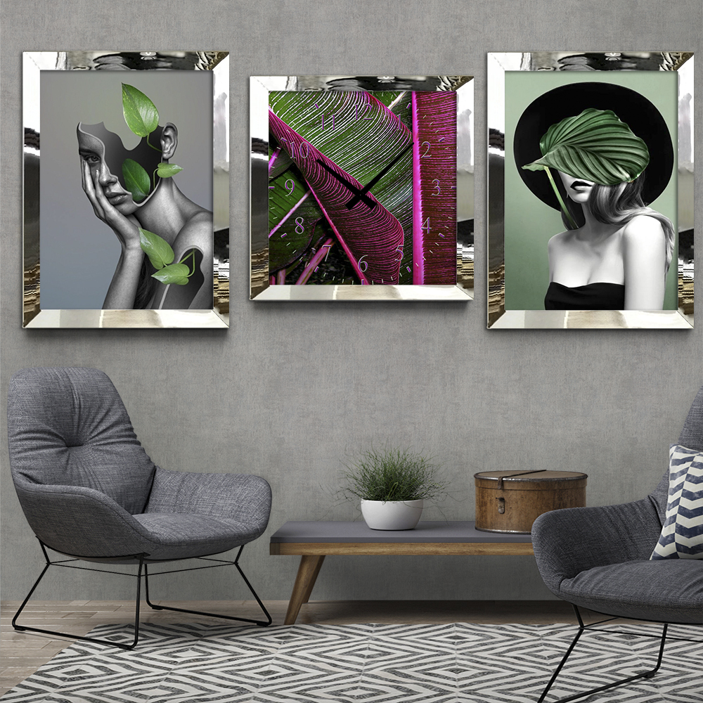 Monstera - Yapraklar - Modern Tasarım - Gümüş Ayna Pleksi Çerçeveli Tablo Saat S